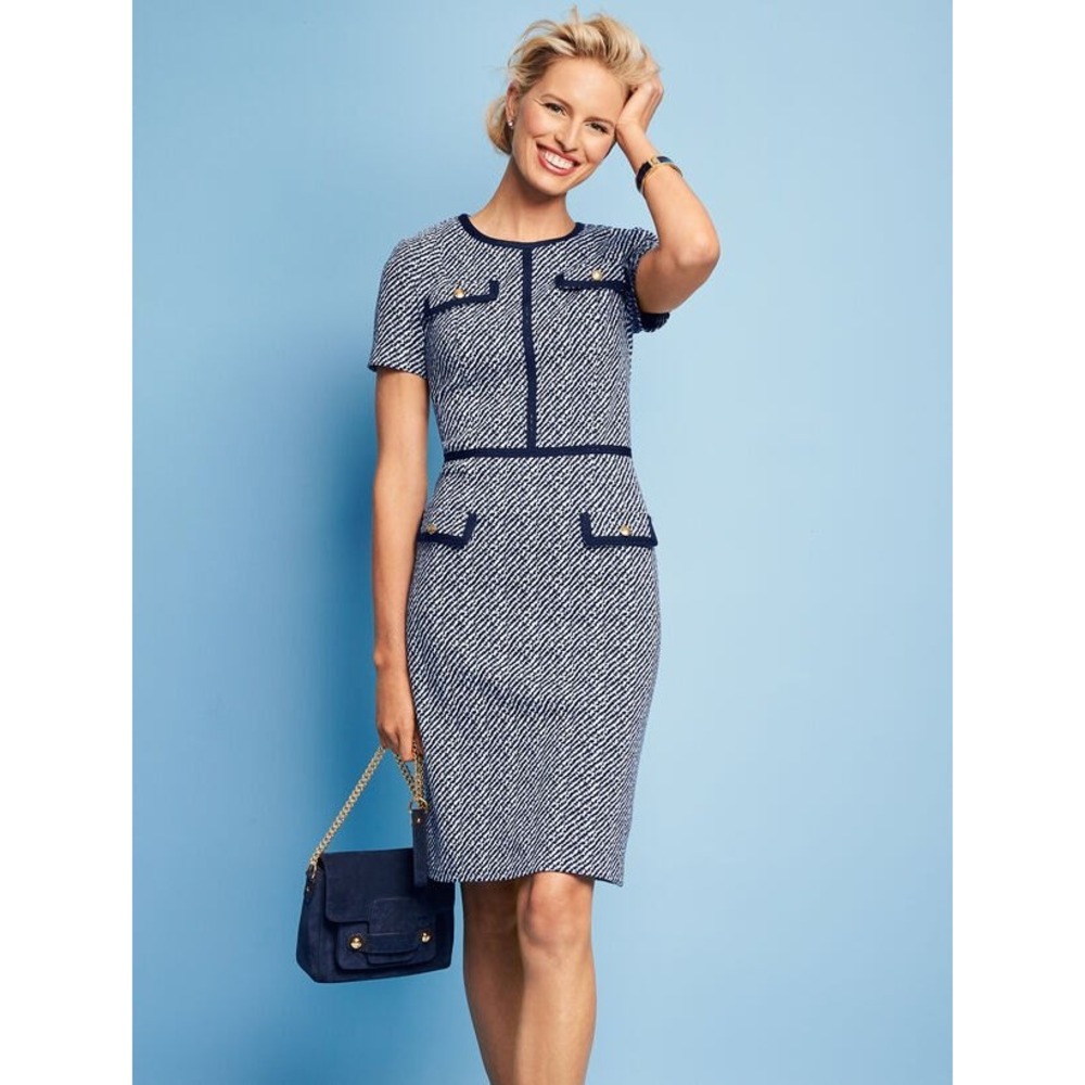 Talbots Textured Stripe Ponte Sheath Dress Navy Blue & White Short Sleeve Size 2